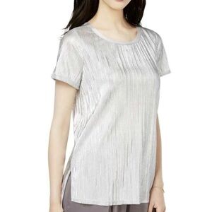 BAR III Metallic Silver Pleated Short Sleeve Blouse Top L